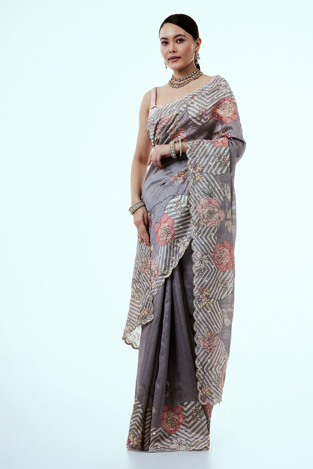 Ash Grey Tussar Silk Saree with Mirror Work