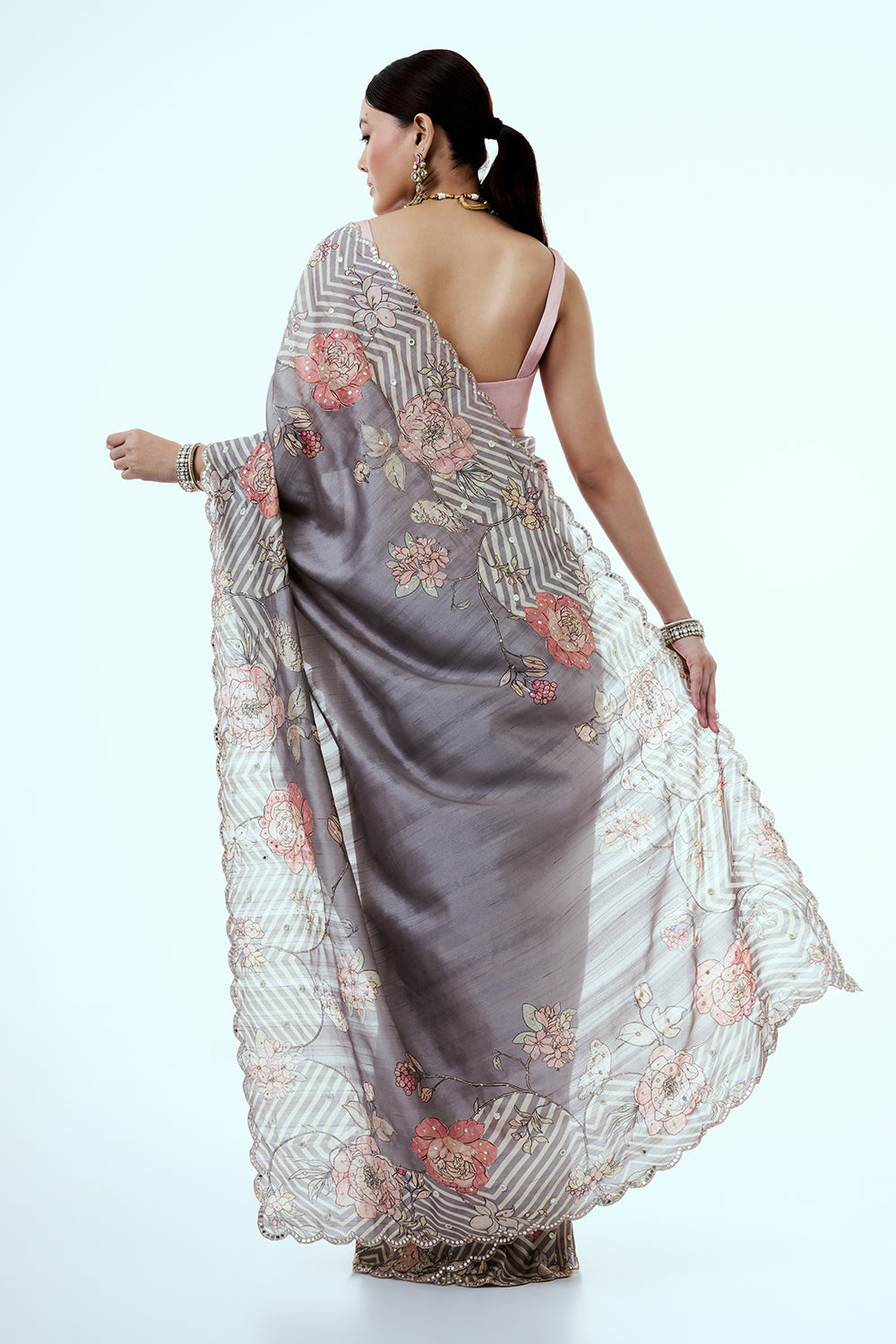 Ash Grey Tussar Silk Saree with Mirror Work