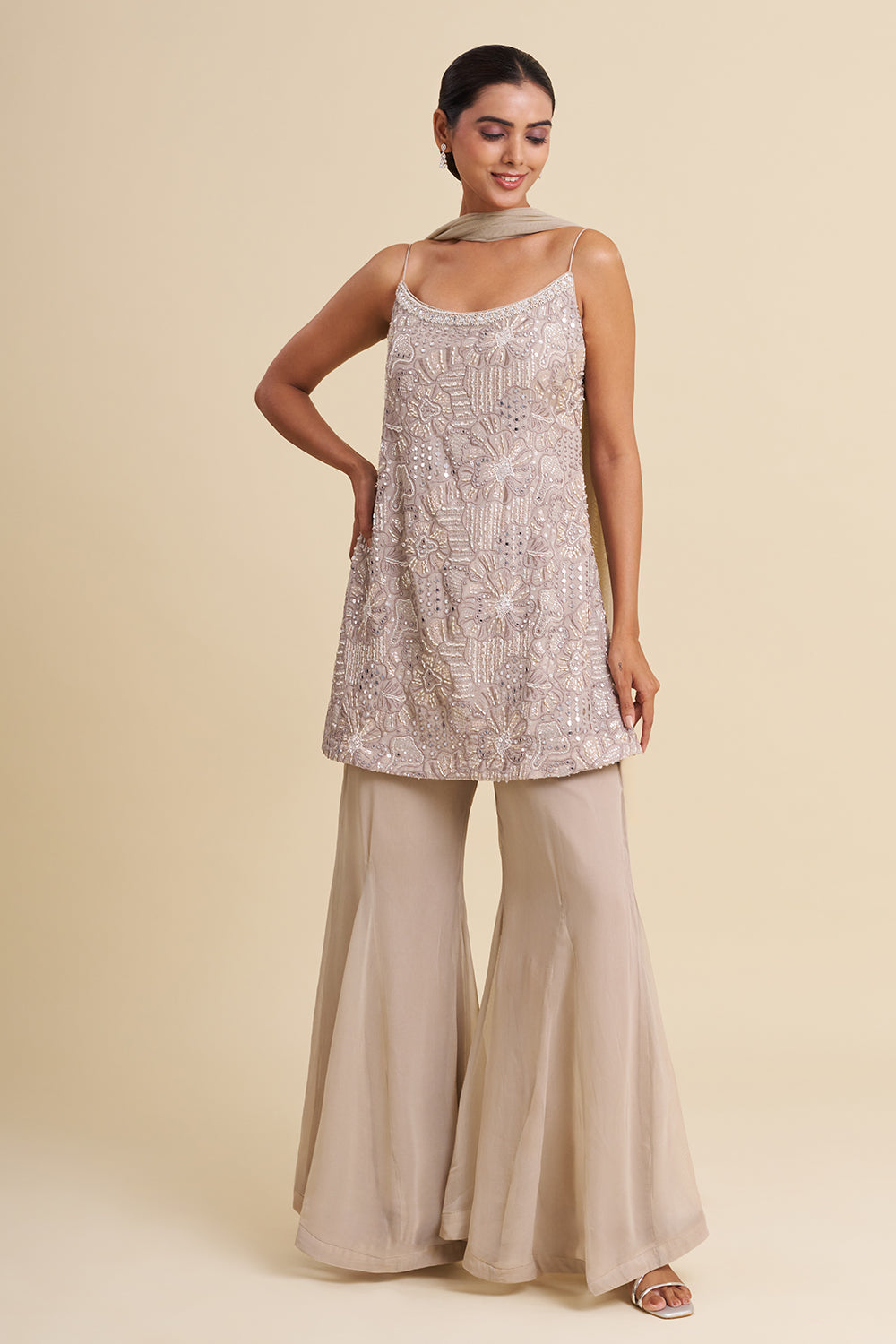 Ash Grey Viscose Georgette Sharara Set with Mirror Work