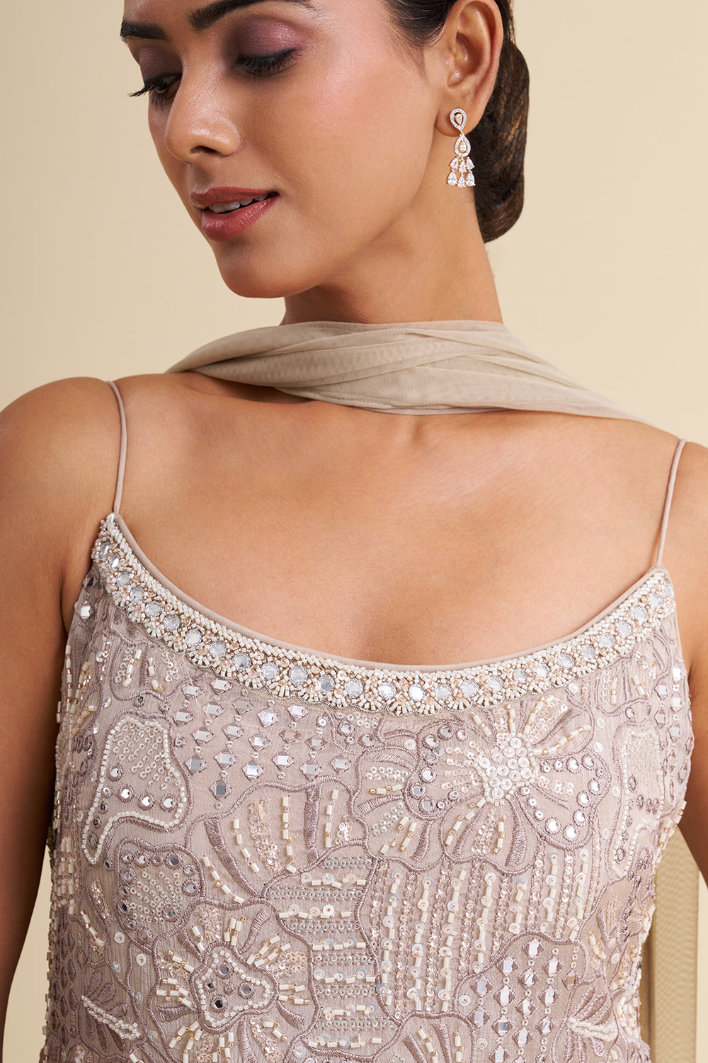 Ash Grey Viscose Georgette Sharara Set with Mirror Work
