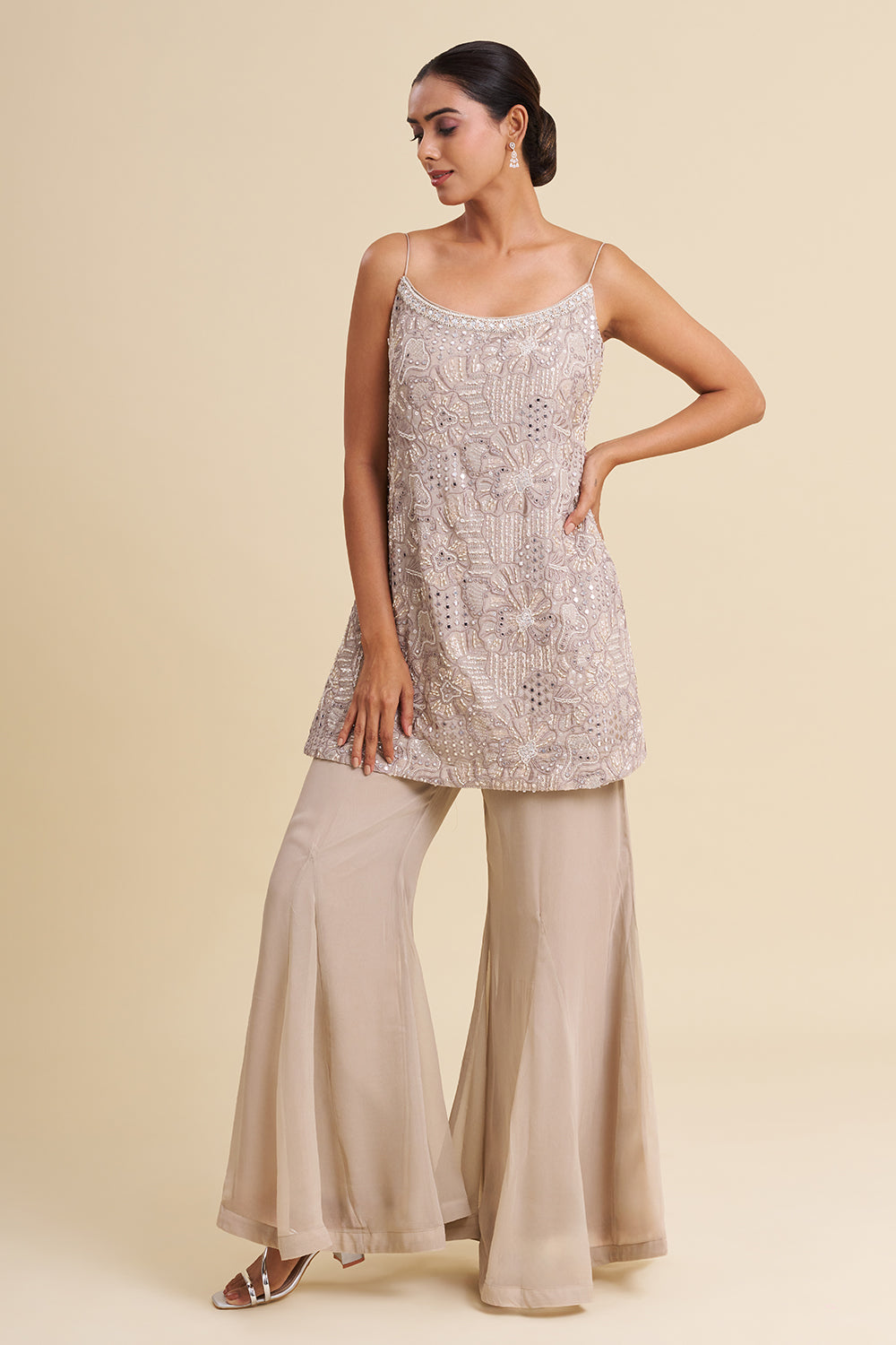 Ash Grey Viscose Georgette Sharara Set with Mirror Work