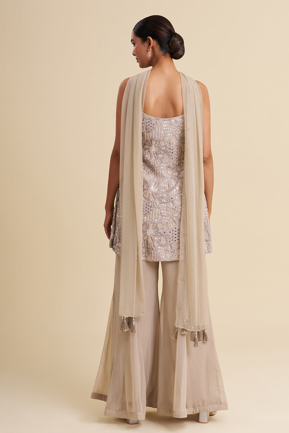 Ash Grey Viscose Georgette Sharara Set with Mirror Work