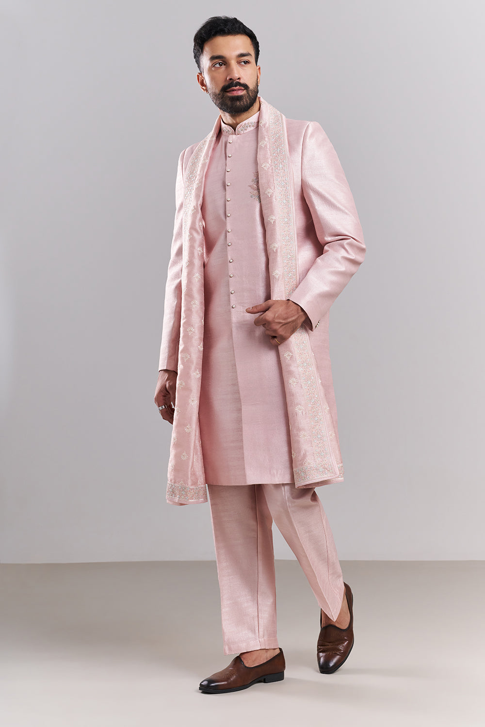 Baby Pink Art Silk Embroidered Sherwani