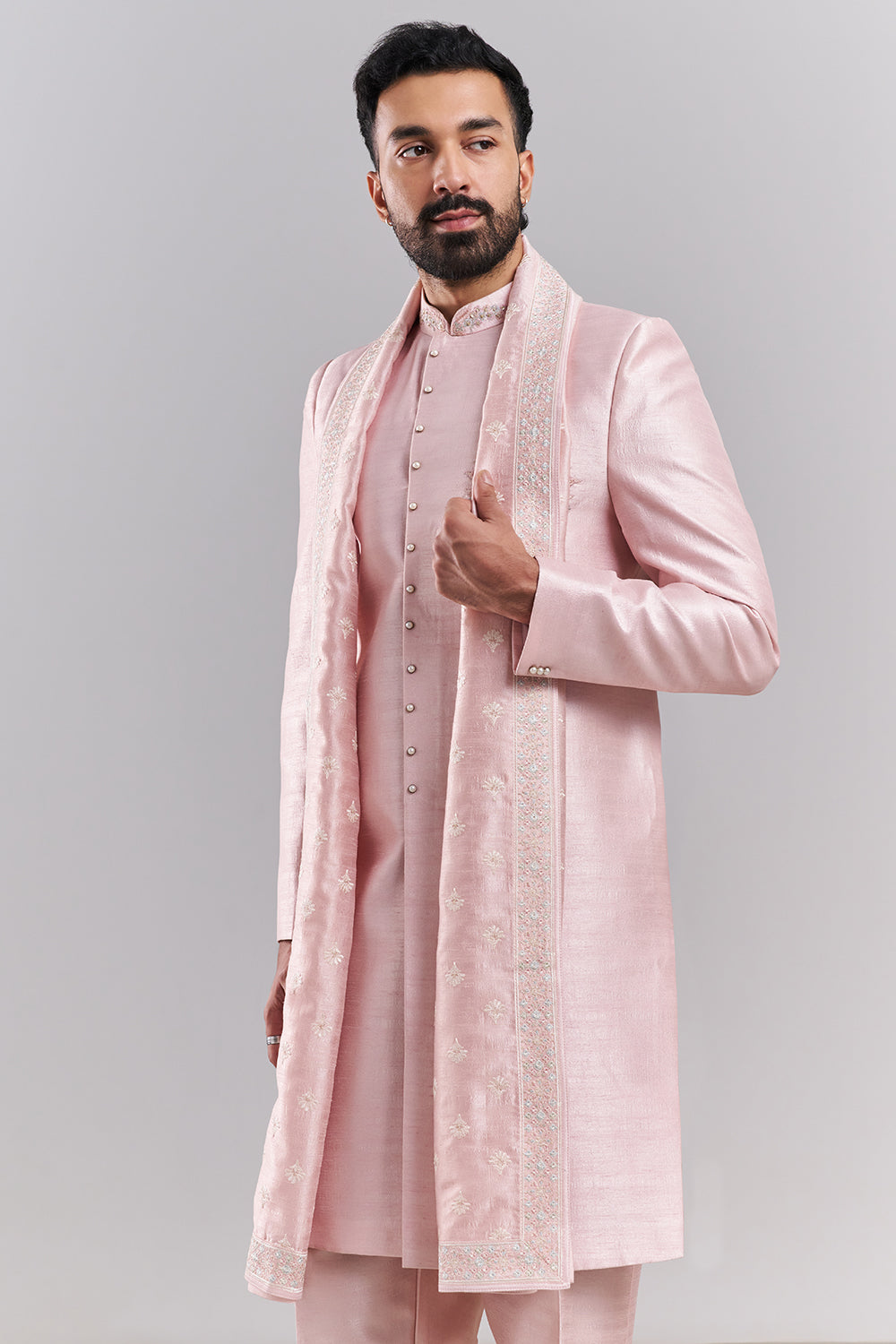 Baby Pink Art Silk Embroidered Sherwani