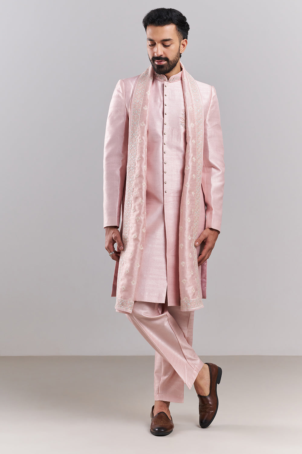 Baby Pink Art Silk Embroidered Sherwani