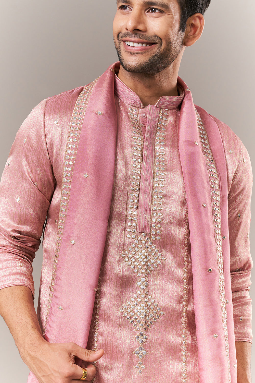 Baby Pink Brocade Mens Kurta Set with Mirror and Zardosi Work
