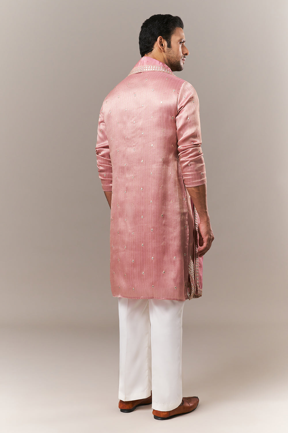 Baby Pink Brocade Mens Kurta Set with Mirror and Zardosi Work