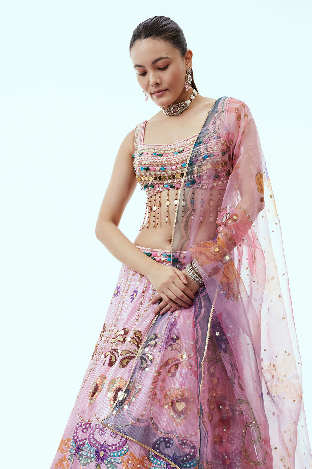 Baby Pink Sequins Lehenga with Embellished Work and 3D Work