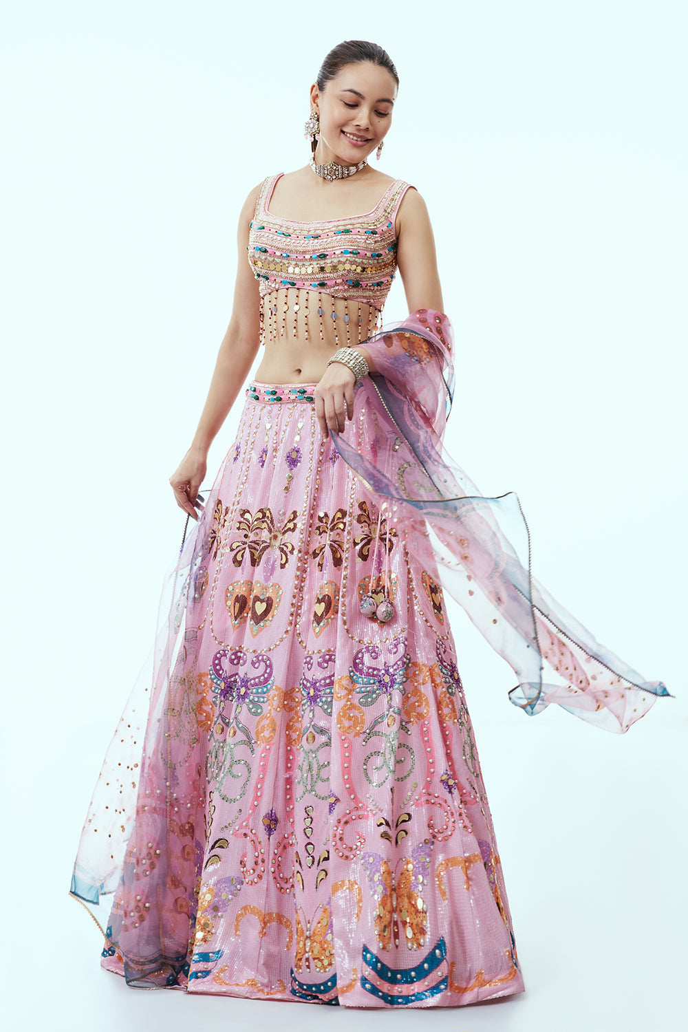Baby Pink Sequins Lehenga with Embellished Work and 3D Work