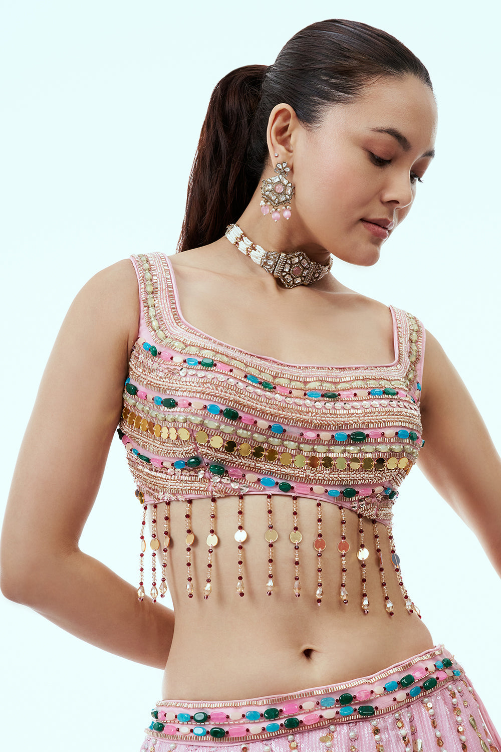 Baby Pink Sequins Lehenga with Embellished Work and 3D Work