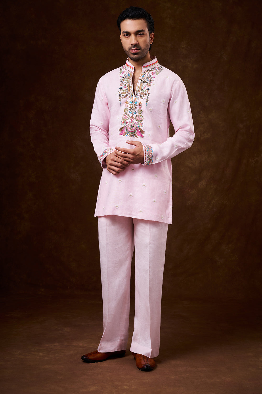 Baby Pink Linen Men's Kurta Set with Brush-Painted Detailing