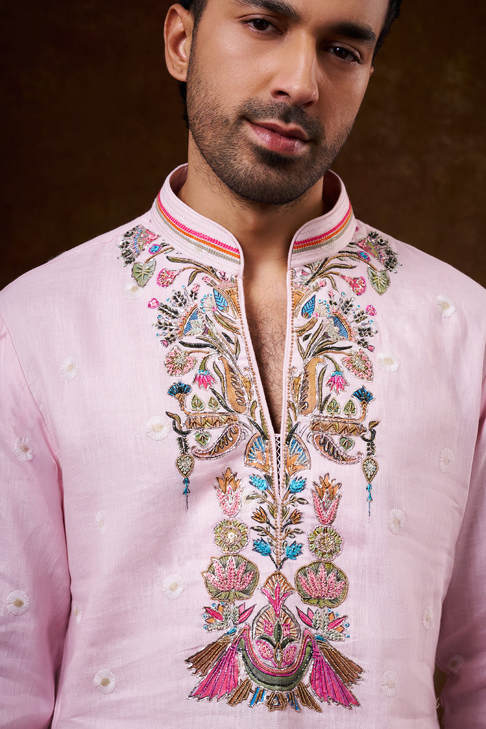 Baby Pink Linen Men's Kurta Set with Brush-Painted Detailing