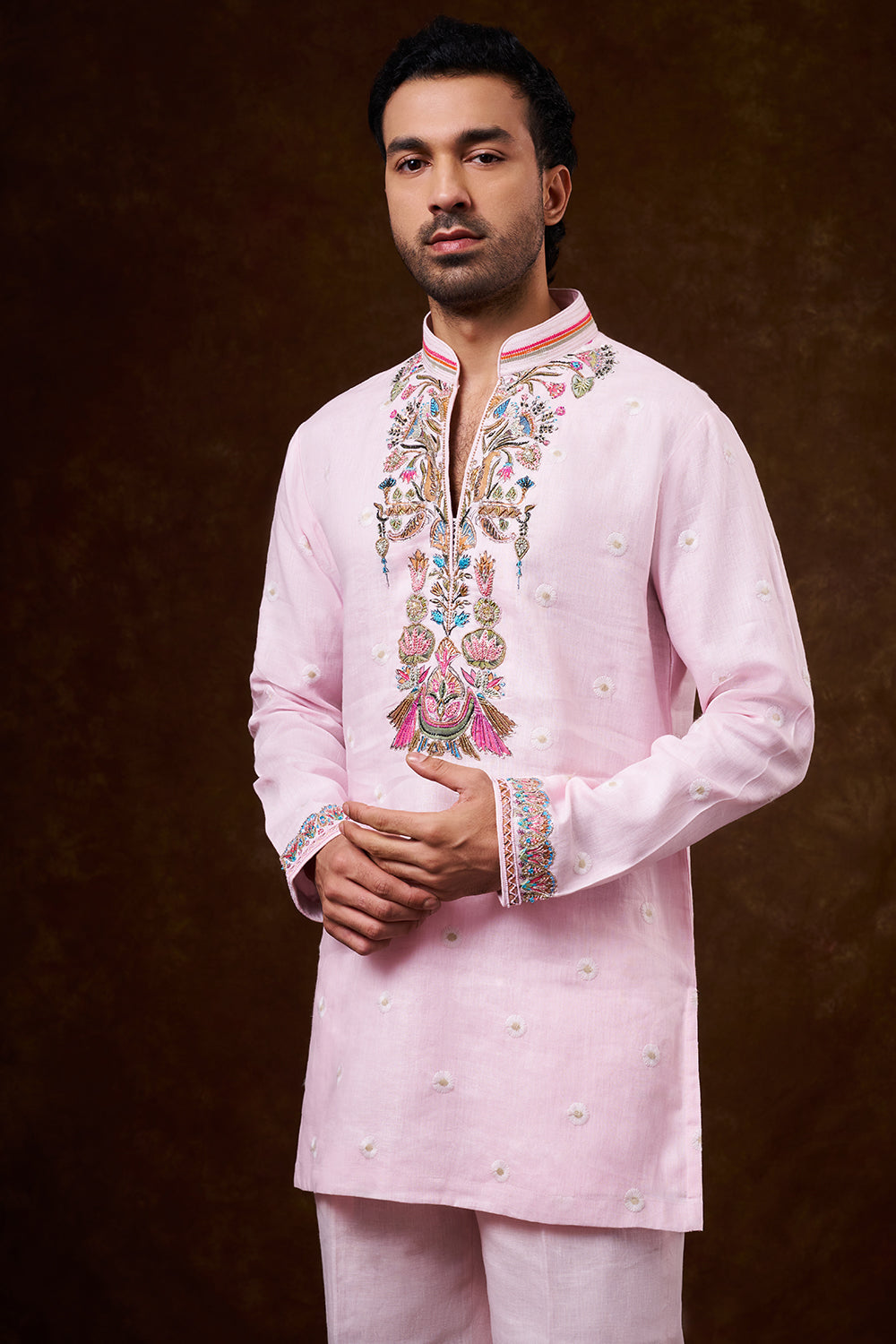 Baby Pink Linen Men's Kurta Set with Brush-Painted Detailing