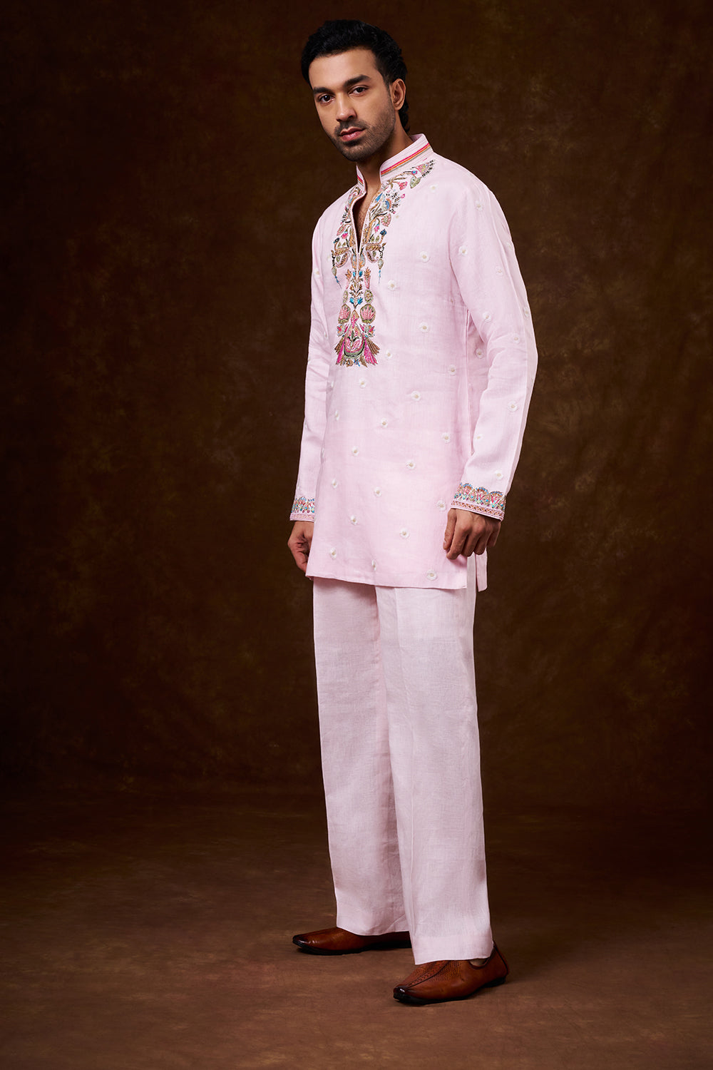 Baby Pink Linen Men's Kurta Set with Brush-Painted Detailing