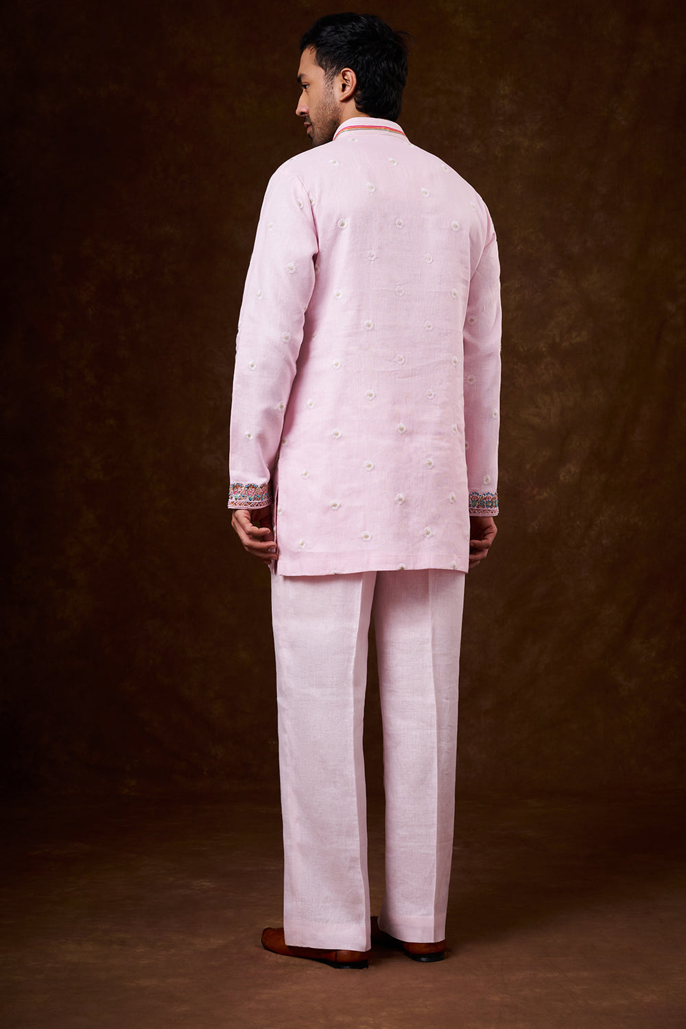Baby Pink Linen Men's Kurta Set with Brush-Painted Detailing