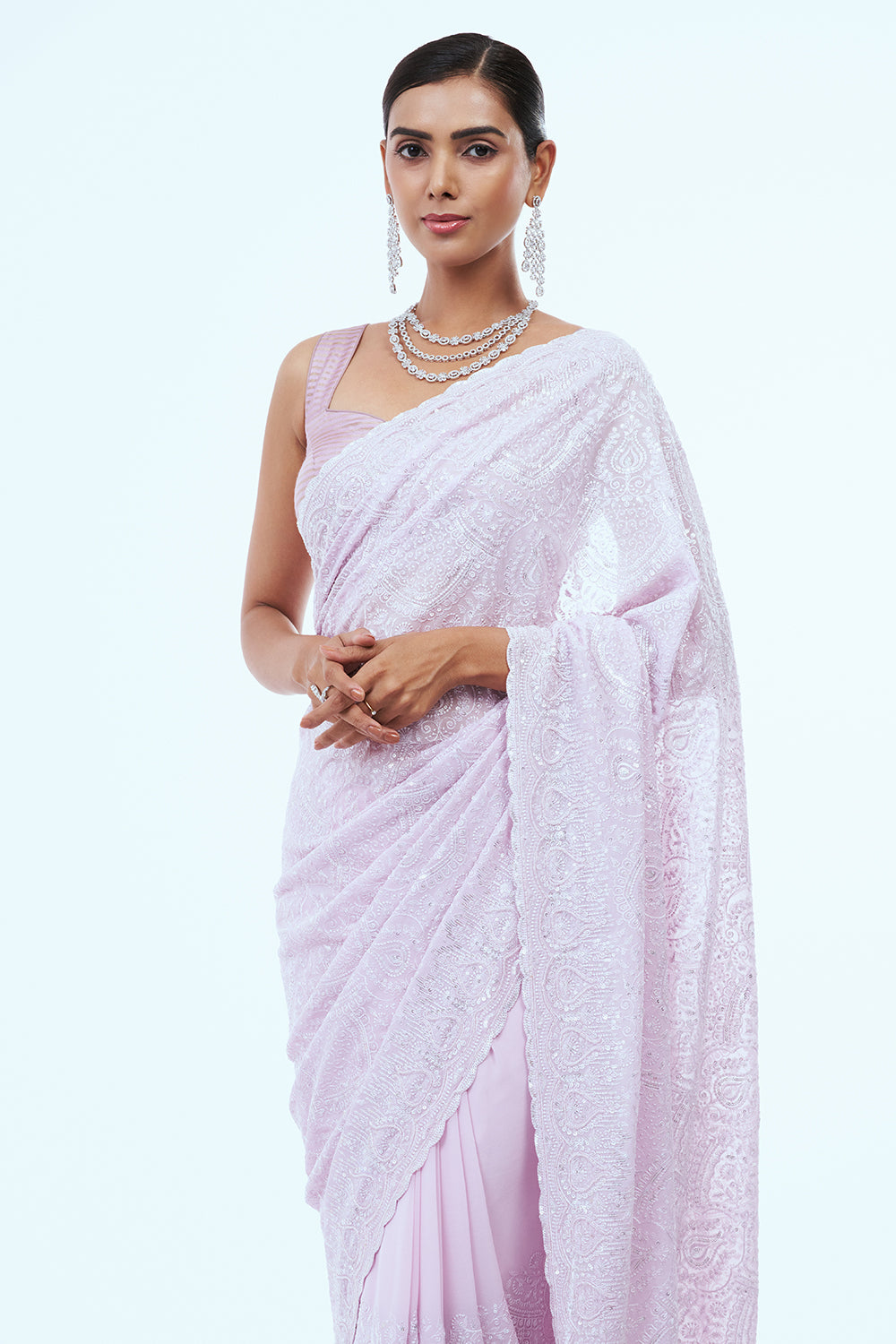 Baby Pink Lucknowi Saree with Thread Work
