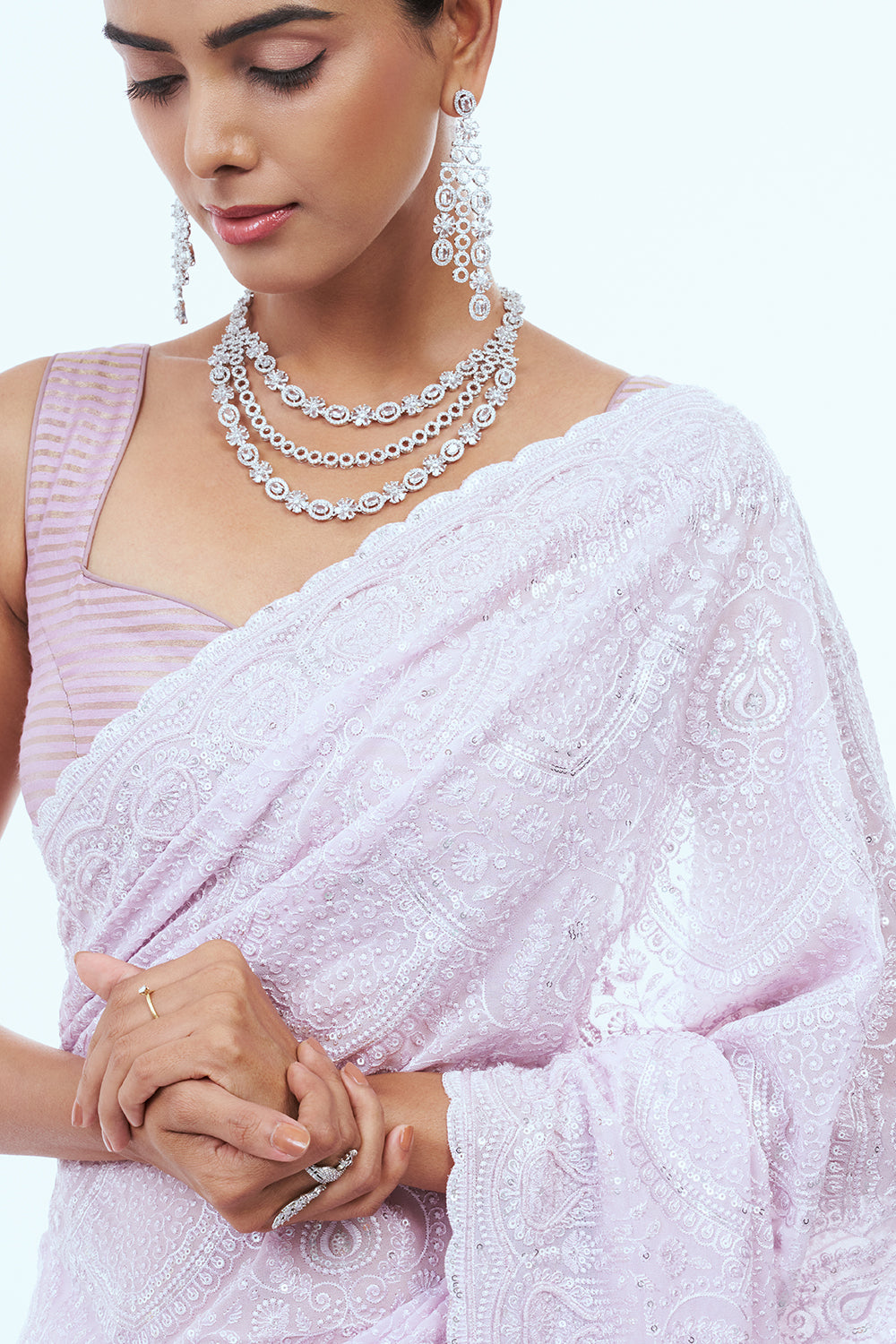 Baby Pink Lucknowi Saree with Thread Work