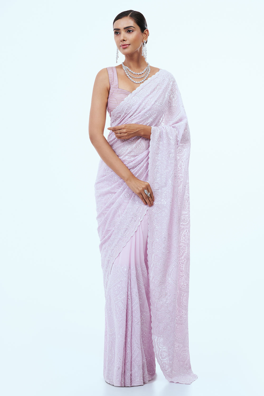 Baby Pink Lucknowi Saree with Thread Work