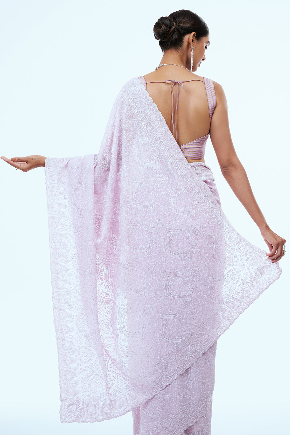 Baby Pink Lucknowi Saree with Thread Work