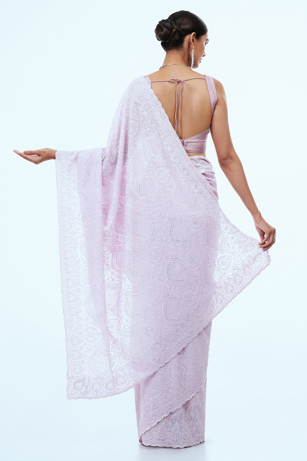 Baby Pink Lucknowi Saree with Thread Work