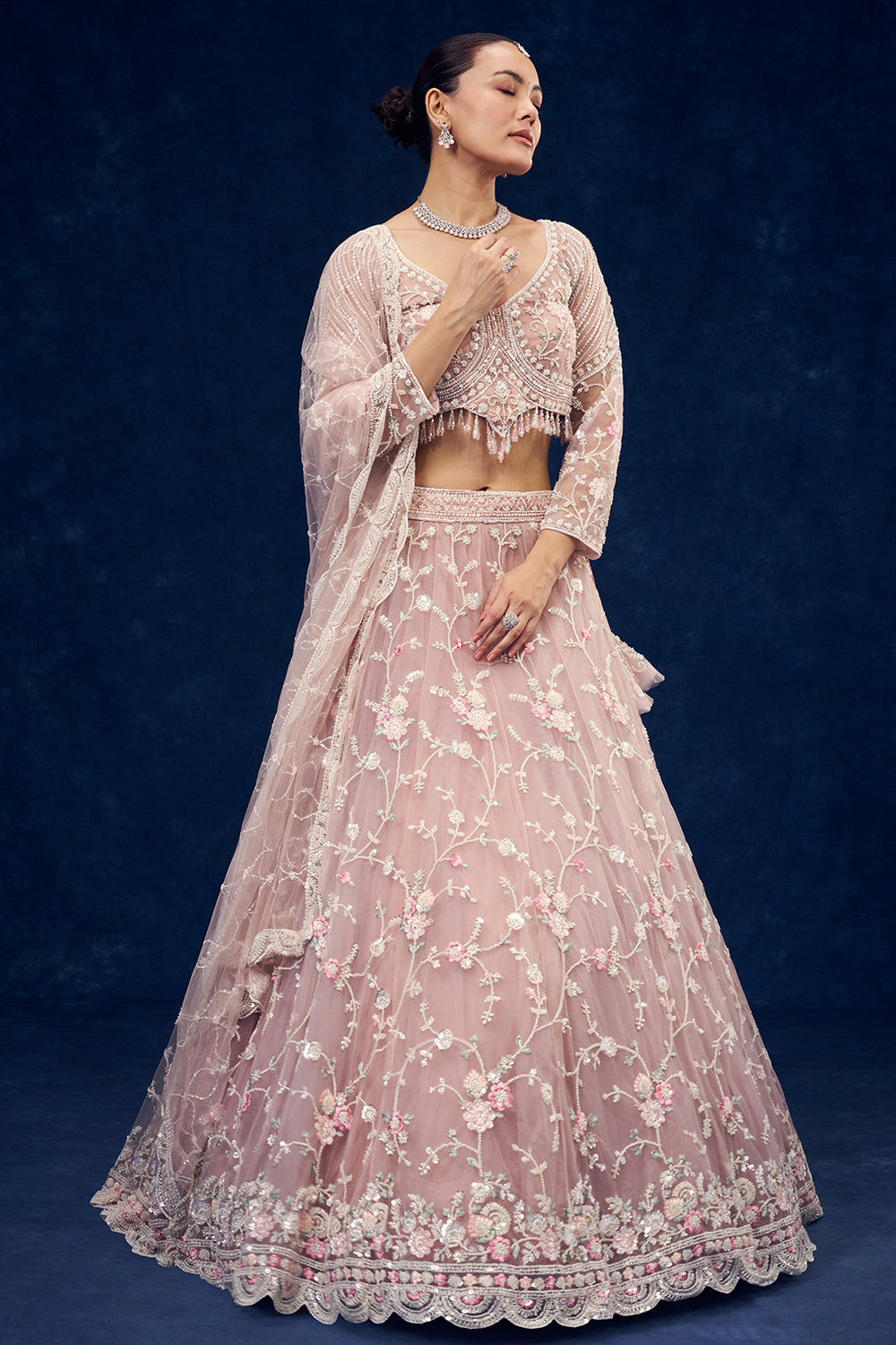 Baby Pink Net Lehenga with Cutdana and Resham Handwork