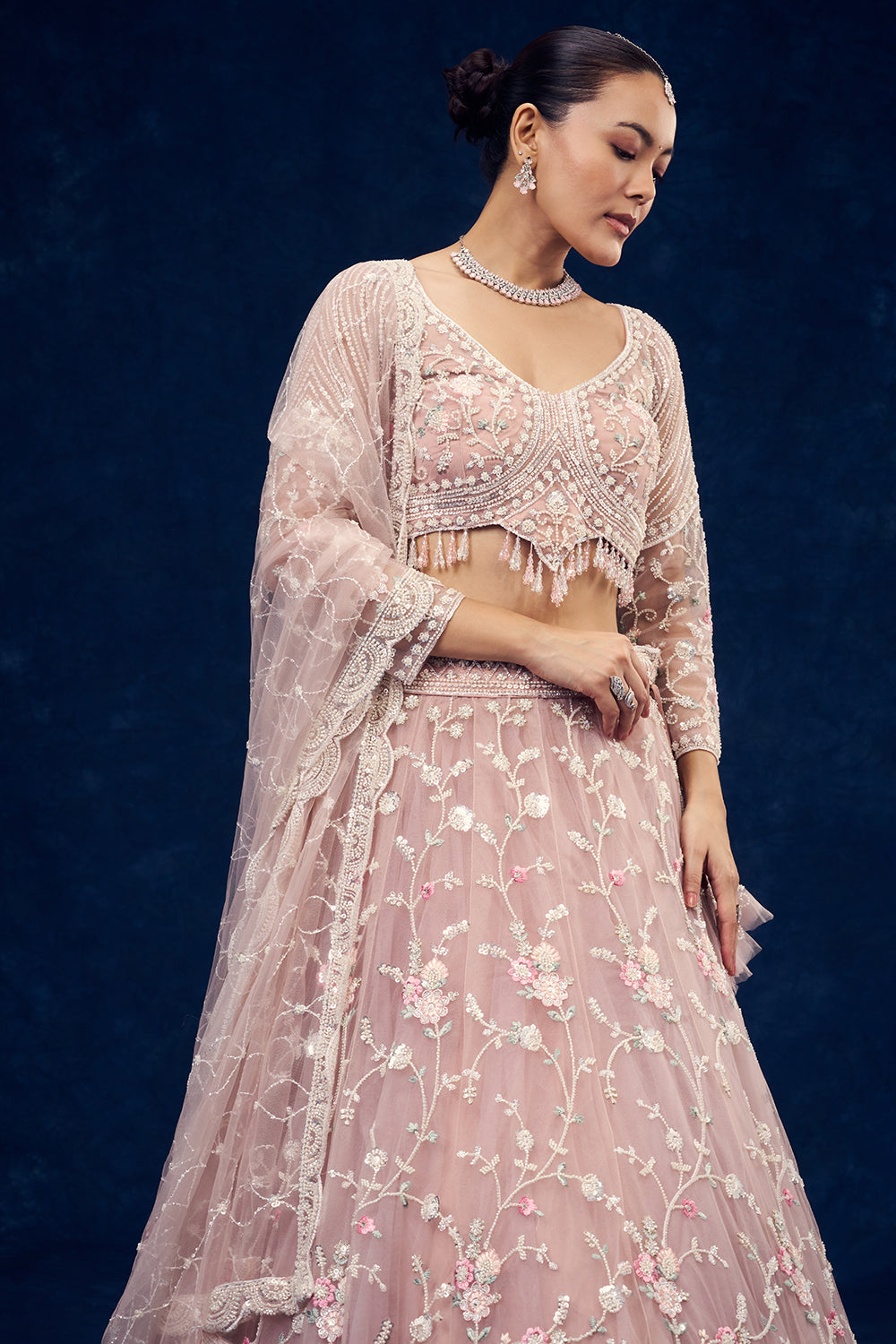 Baby Pink Net Lehenga with Cutdana and Resham Handwork