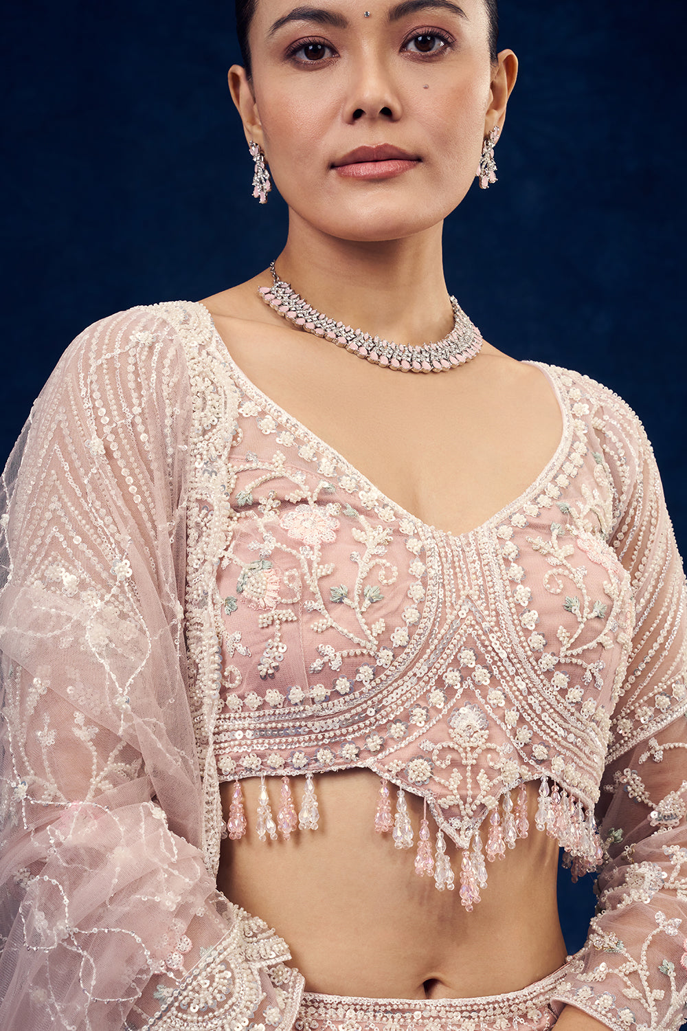 Baby Pink Net Lehenga with Cutdana and Resham Handwork