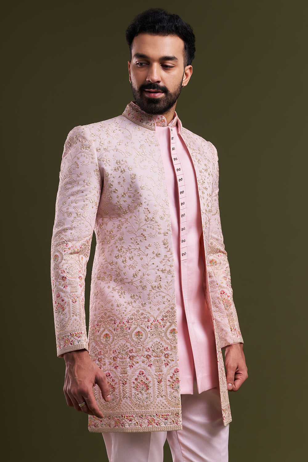 Baby Pink Nokia Silk Embellished Men's Indo-Western Wear