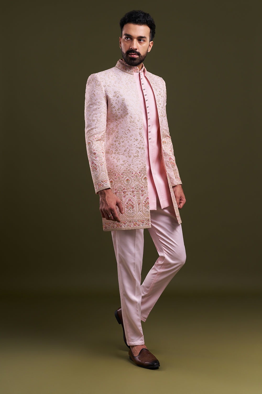 Baby Pink Nokia Silk Embellished Men's Indo-Western Wear
