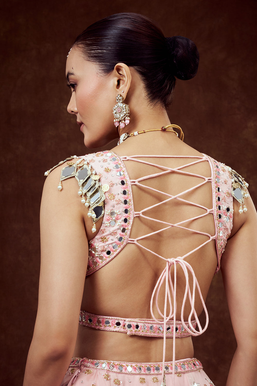 Baby Pink Organza Lehenga with Intricate Mirror Work