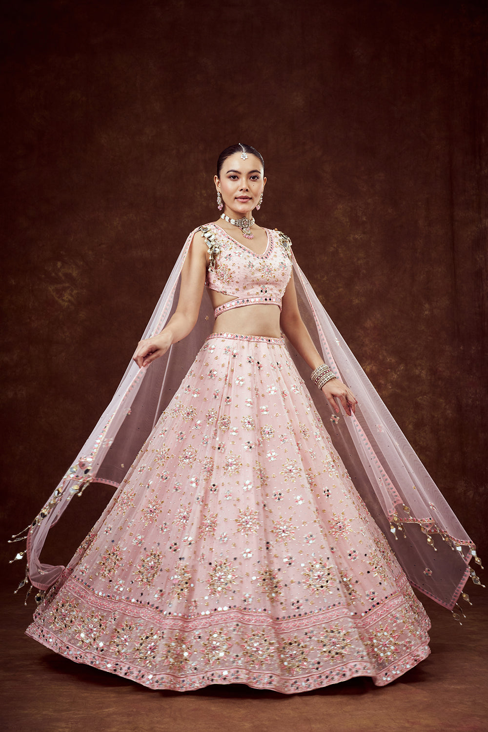 Baby Pink Organza Lehenga with Intricate Mirror Work