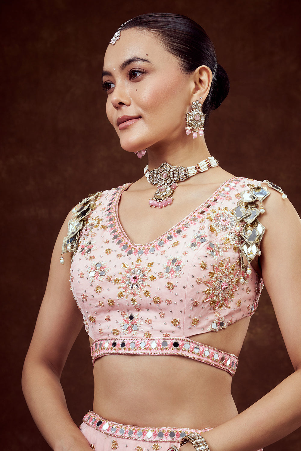Baby Pink Organza Lehenga with Intricate Mirror Work