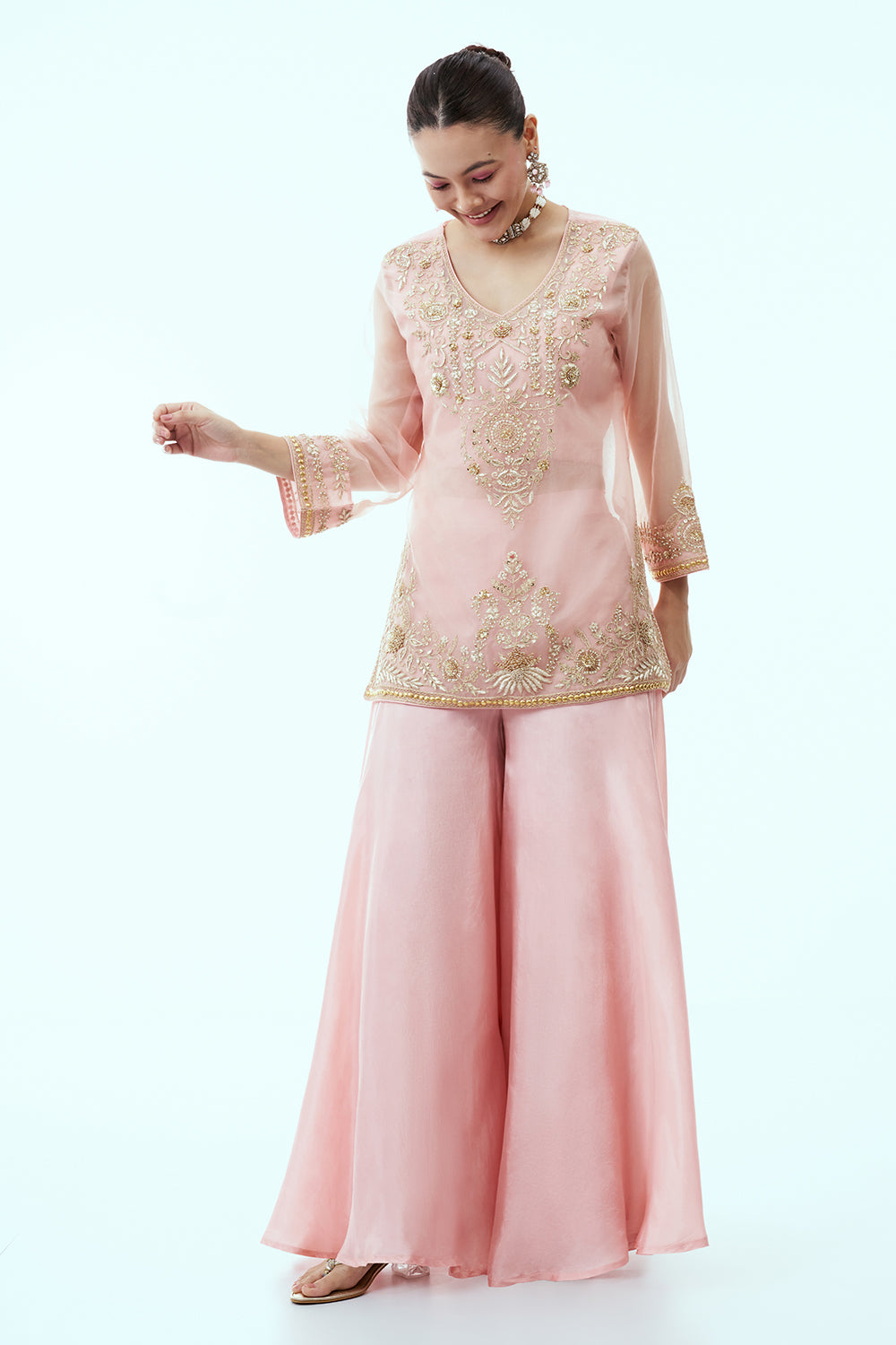 Baby Pink Organza Short Kurti with Palazzo Pants featuring Zardosi Dosi and Gota Work