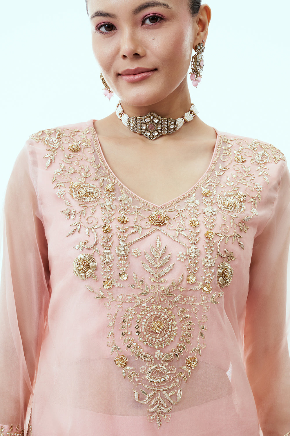 Baby Pink Organza Short Kurti with Palazzo Pants featuring Zardosi Dosi and Gota Work
