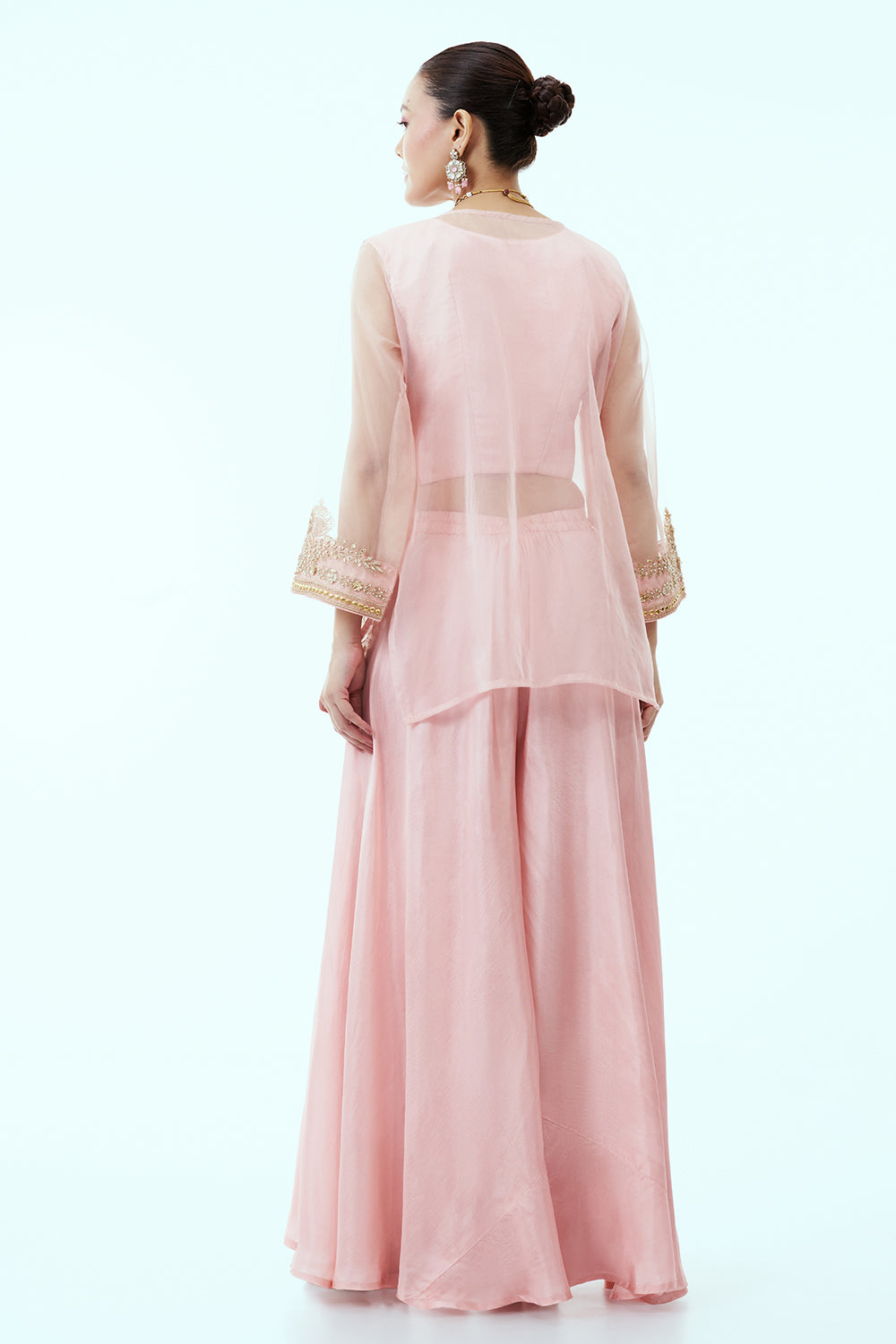 Baby Pink Organza Short Kurti with Palazzo Pants featuring Zardosi Dosi and Gota Work