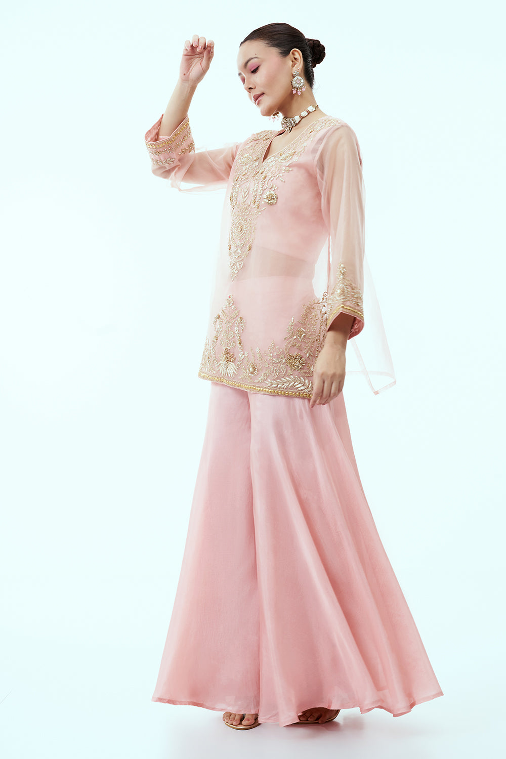 Baby Pink Organza Short Kurti with Palazzo Pants with Zardosi and Gota Work