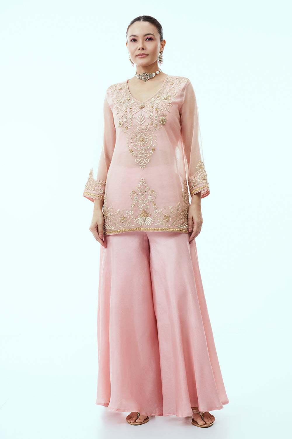 Baby Pink Organza Short Kurti with Palazzo Pants with Zardosi and Gota Work