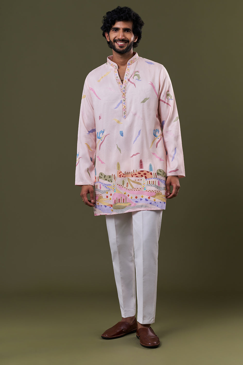Baby Pink Polyester Cotton Scenic Printed Kurta Set