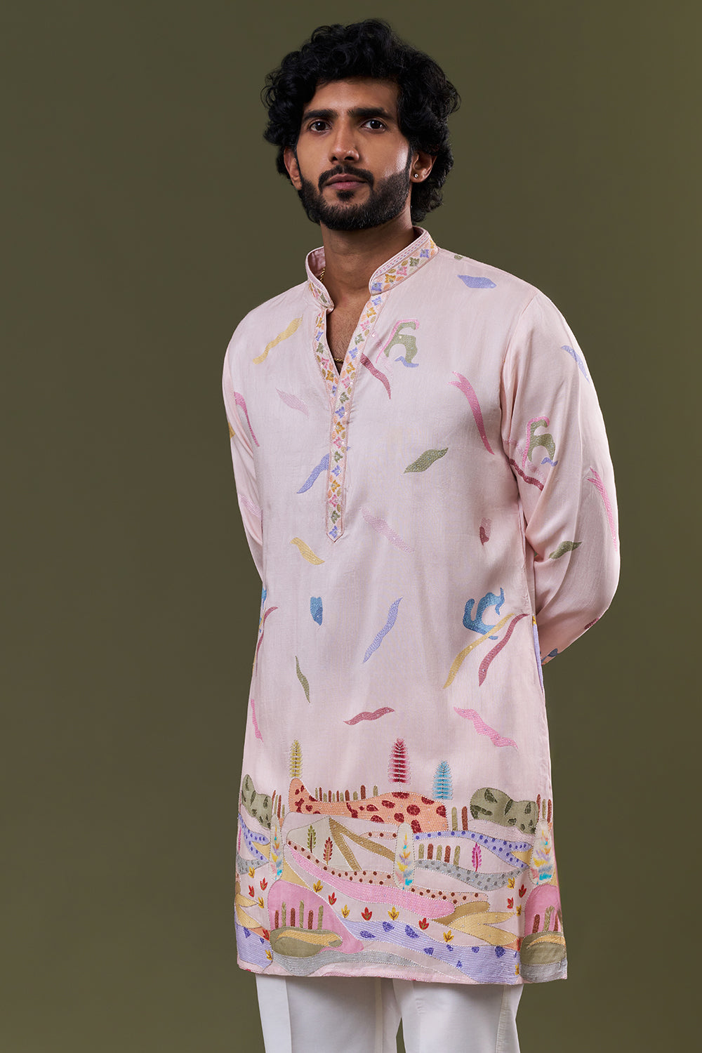 Baby Pink Polyester Cotton Scenic Printed Kurta Set