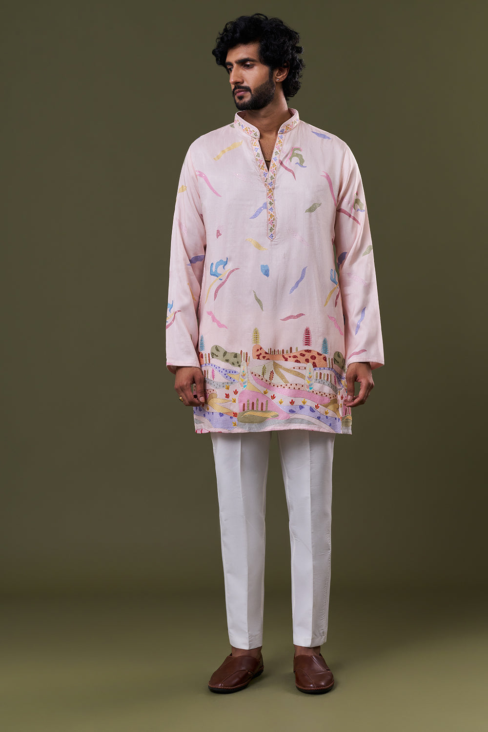 Baby Pink Polyester Cotton Scenic Printed Kurta Set