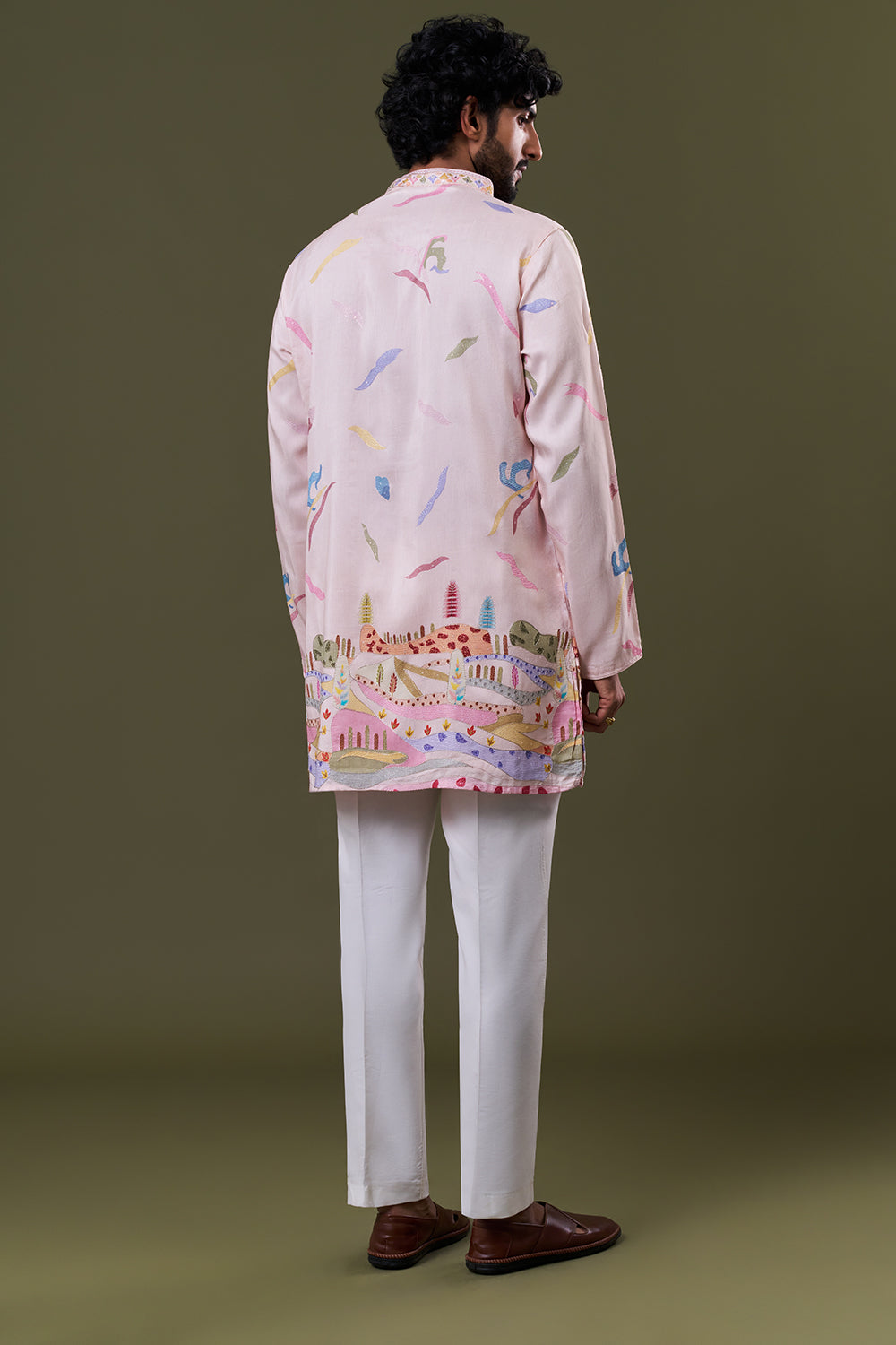 Baby Pink Polyester Cotton Scenic Printed Kurta Set
