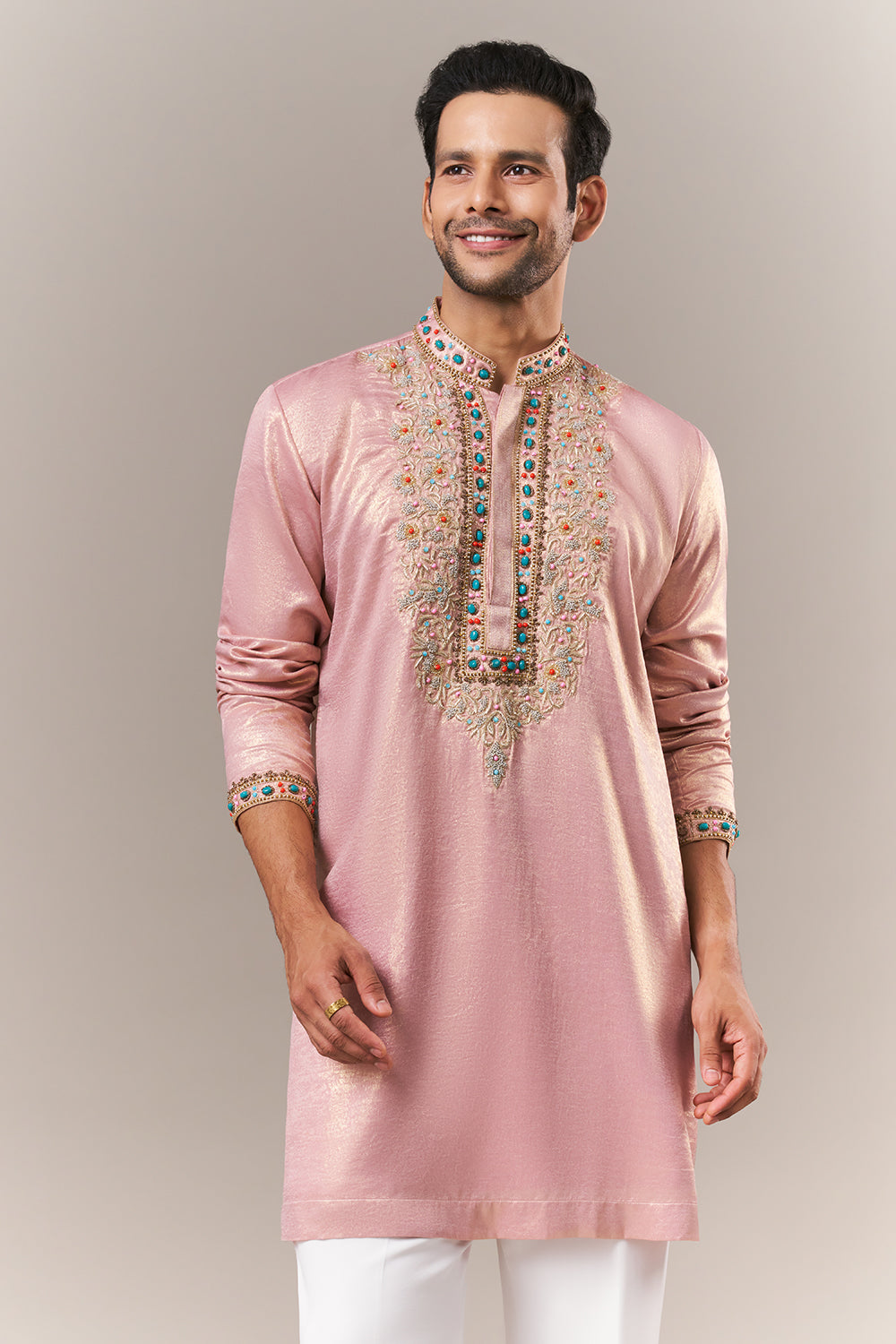 Baby Pink Shimmer Crush Mens Kurta Set with Beads and Zardosi Work