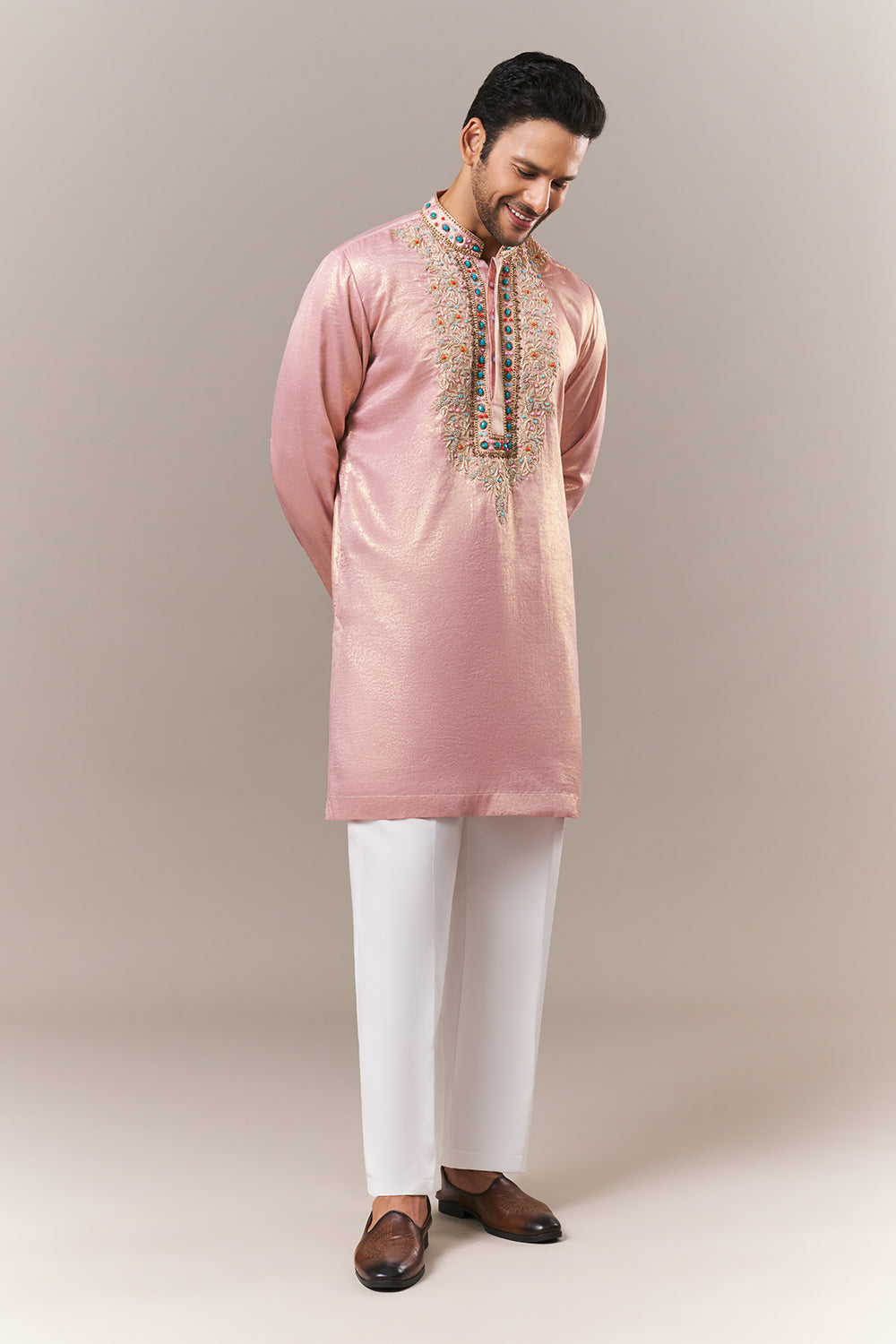 Baby Pink Shimmer Crush Mens Kurta Set with Beads and Zardosi Work