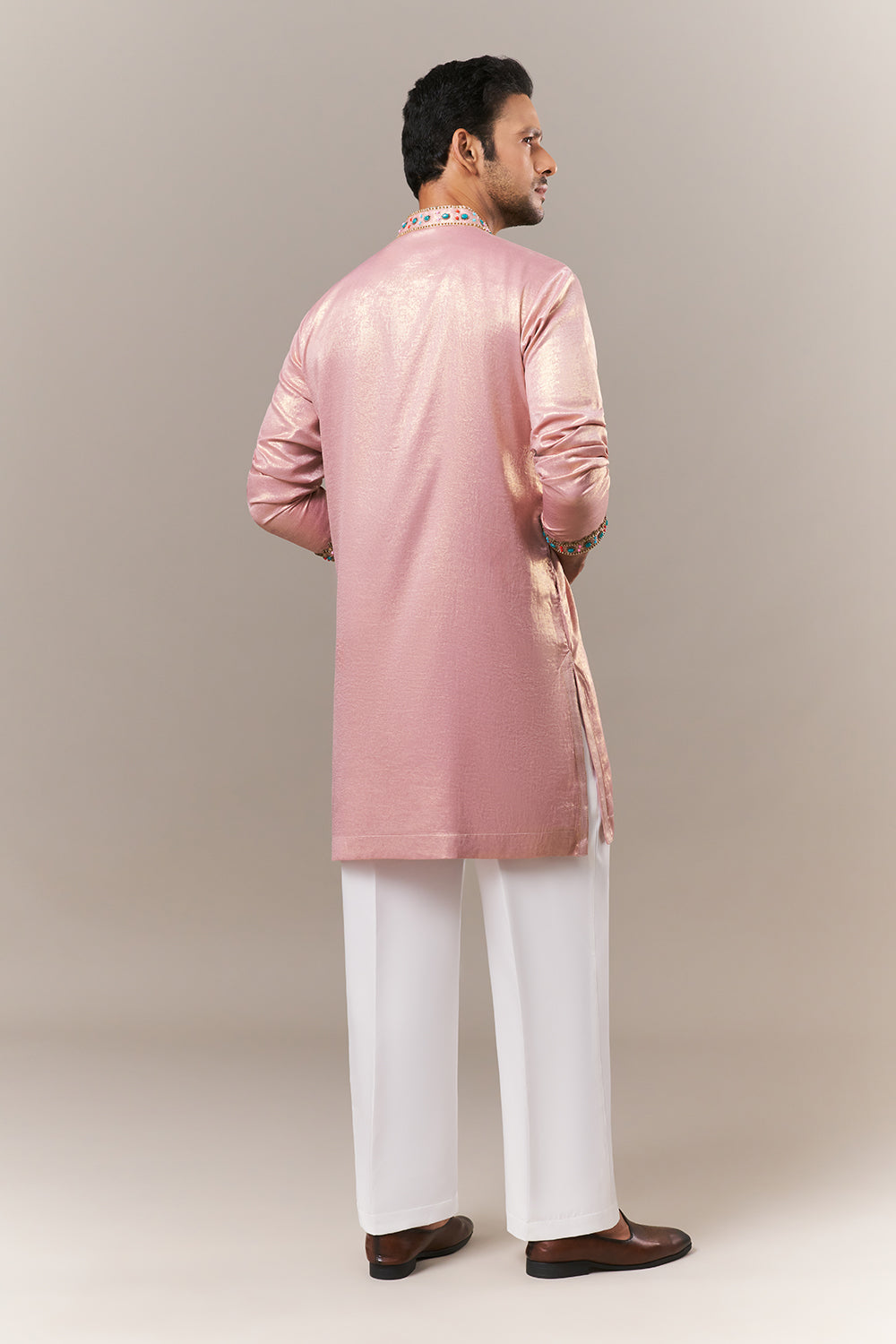 Baby Pink Shimmer Crush Mens Kurta Set with Beads and Zardosi Work