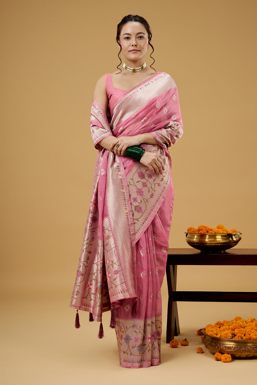 Baby Pink Tissue Saree with Multicolored Thread Work