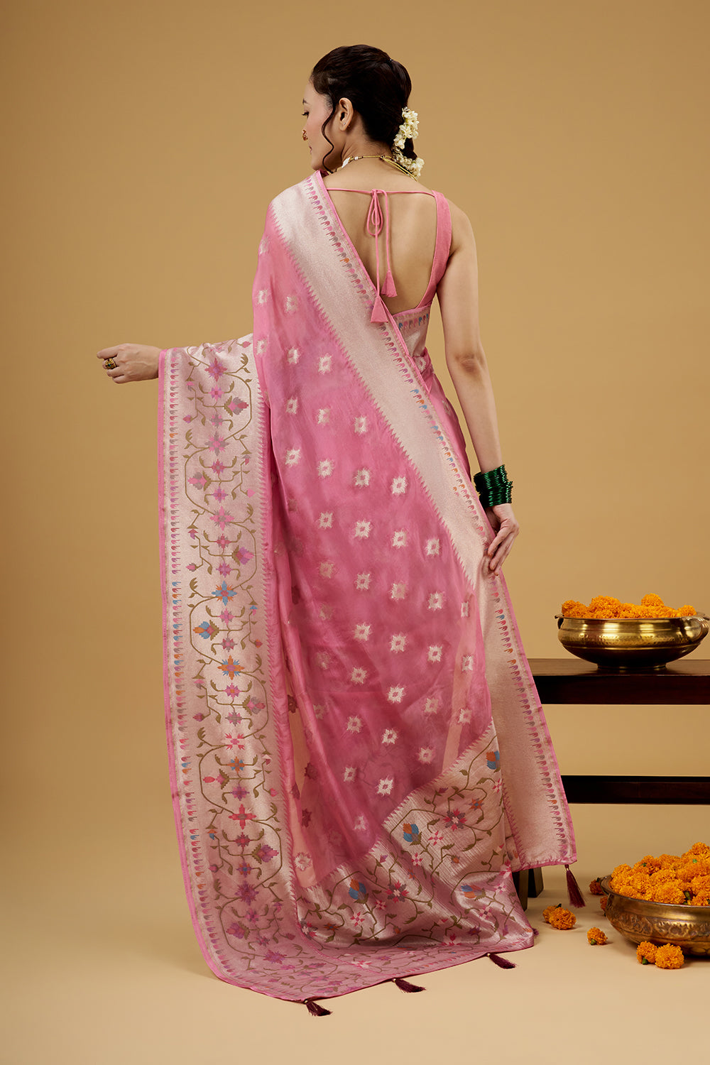Baby Pink Tissue Saree with Multicolored Thread Work