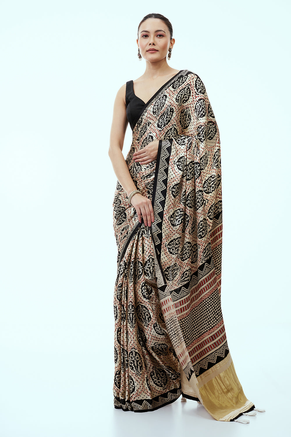 Beige and Black Gaji Silk Saree and Unstitched Blouse