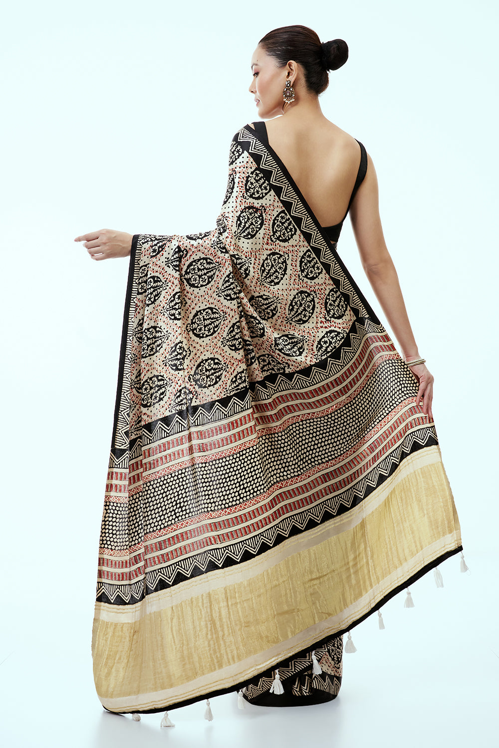 Beige and Black Gaji Silk Saree and Unstitched Blouse