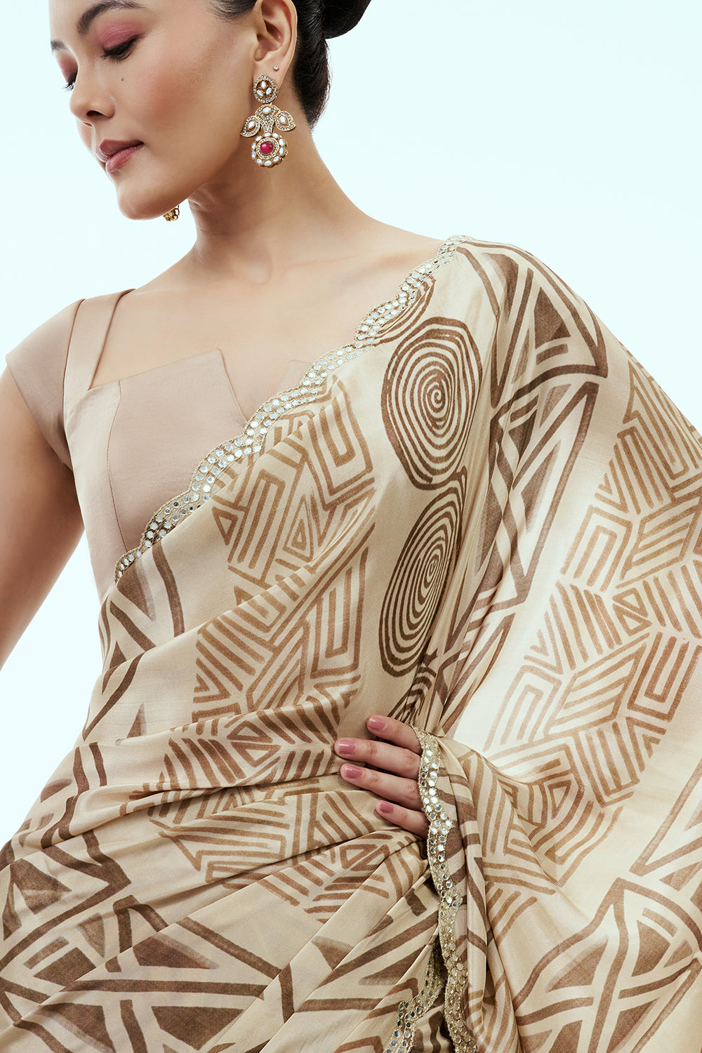 Beige and Black Saree with Aztec Print and Unstitched Blouse