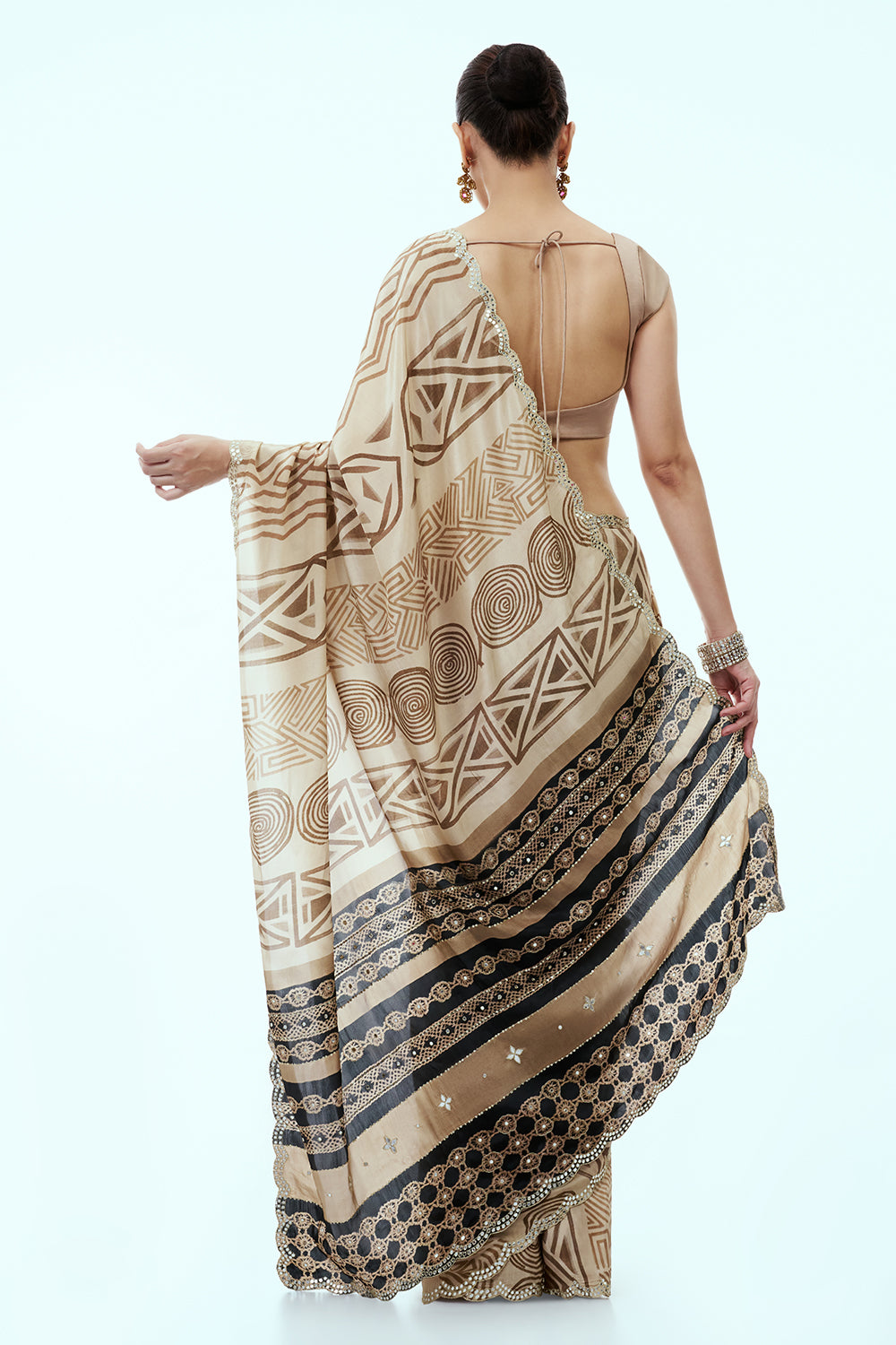 Beige and Black Saree with Aztec Print and Unstitched Blouse
